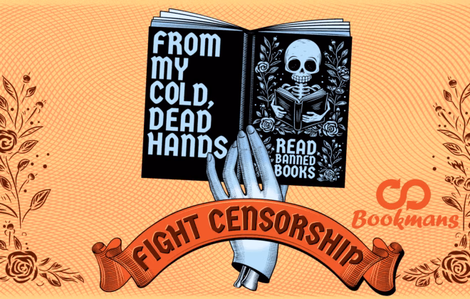 Fight censorship banner with a hand holding a book with text that says from my cold dead hands read banned books