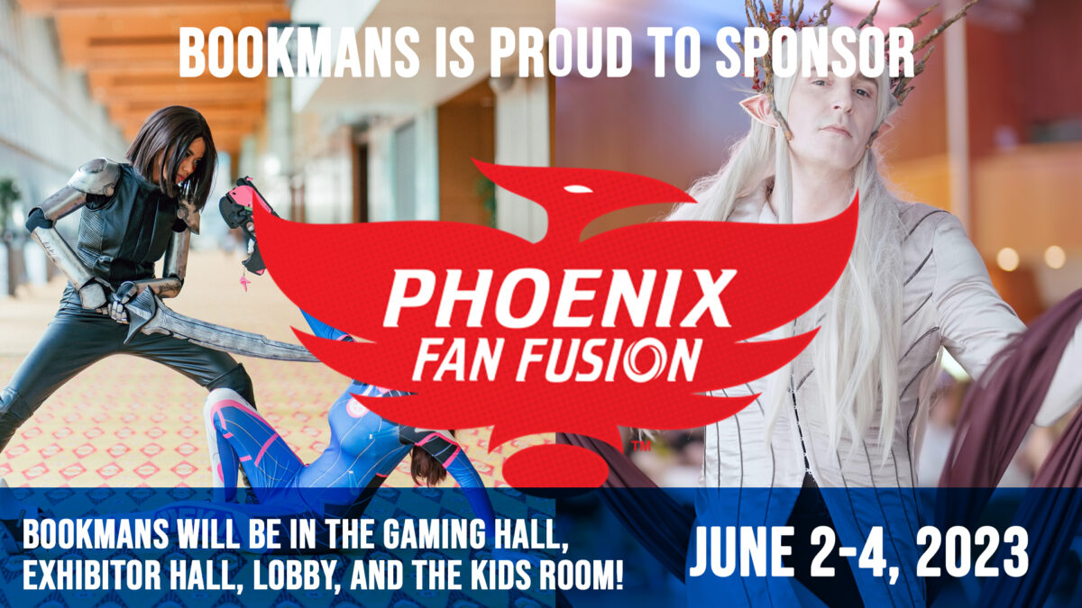 Bookmans is a proud sponsor of Phoenix Fan Fusion happening June 2-4, 2023. The image features two different images of cosplayers at a comic convention. One is dressed as a Lord of the Rings elf character and the other photo is of two anime-style costumed-cosplayers pretending to battle.