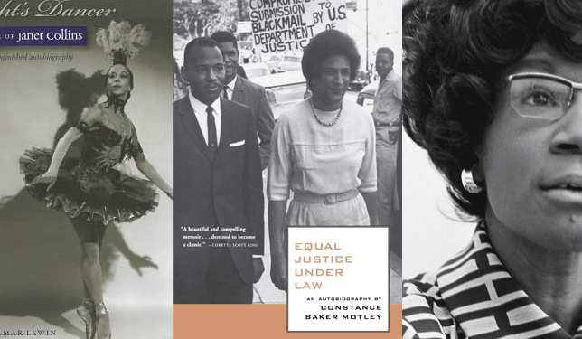 night dancer book cover, equal justice under the law book cover, and a portrait of shirley chisolm