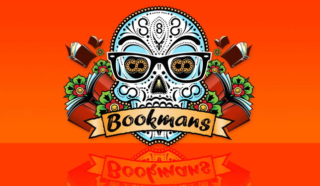 Bookmans sugar skull logo on orange background