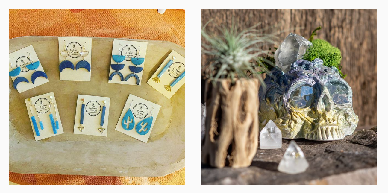 la luna coyote art featuring southwestern earrings and resin skull planters with crystals and succulents