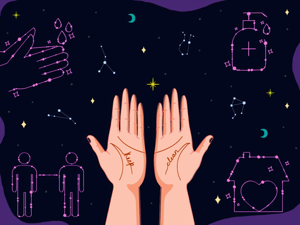drawing of hands, stars, and constellations in the shape of covid-19 cleanliness icons